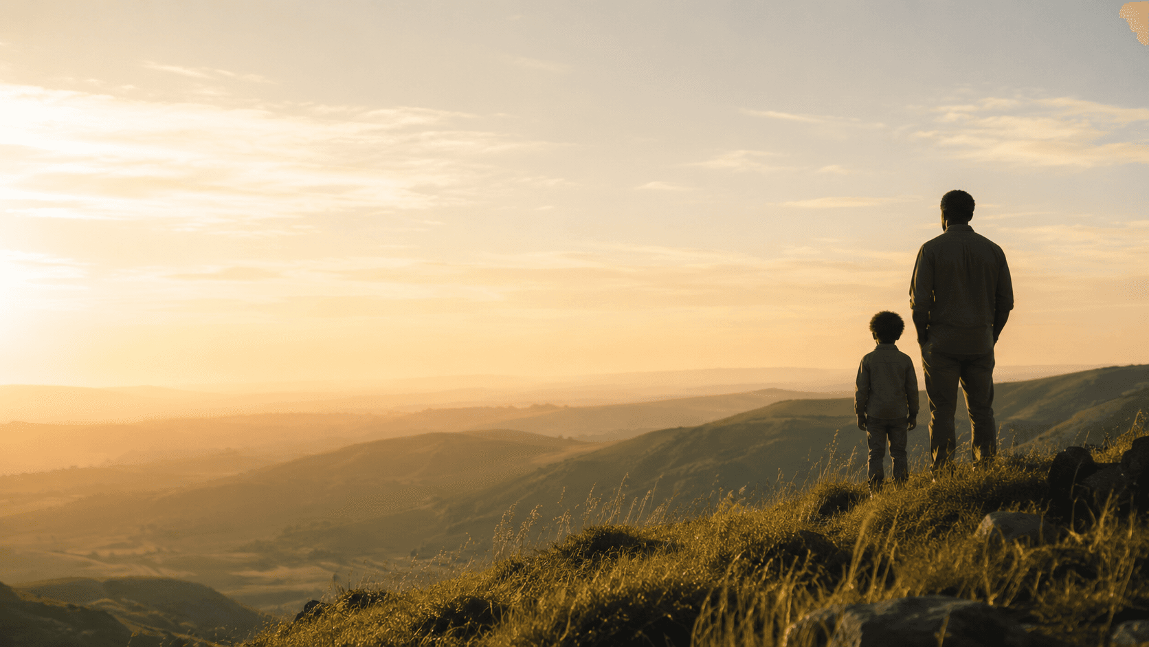 A father and son on a ridge at golden hour, looking out over rolling hills